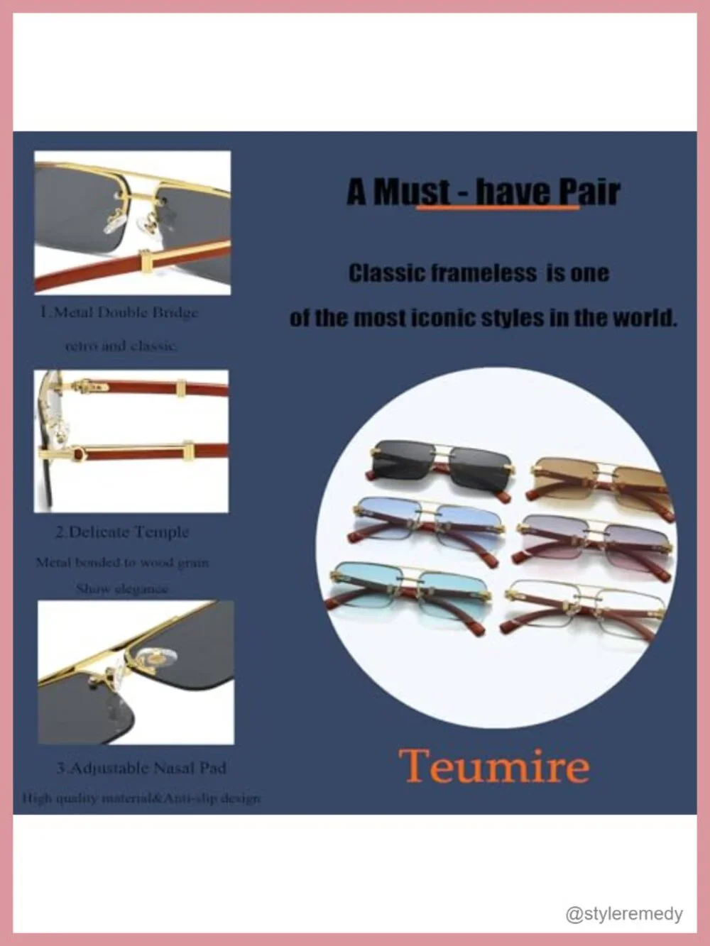 Fashion Rimless Rectangle Sunglasses UV 400 Protection Unisex